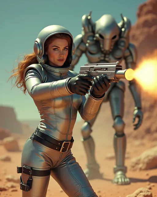 Prompt: (Beautiful retro futuristic sci-fi astronaut woman), wearing a (metallic silver space suit) with black leather belt and boots and a (silver helmet with open visor), holding a Buck Rogers style ray-gun, features a fierce expression on her (gorgeous golden-ratio face), striking (green eyes), (chestnut hair), standing on a colorful alien planet, shooting her ray-gun at a massive alien robot creature, (well lit) with (high detail) portrayal, capturing a moment of combat in a cheesy low-budget movie atmosphere, emphasizing her curvaceous physique, (8K resolution) and a (cinematic atmosphere) for an extraordinary visual experience.