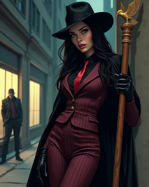 Prompt: photorealistic Graphic novel heroine The Shadow-Siren is a Tall beautiful Eurasian woman with long raven hair, (piercing blue eyes), upturned brows, intense gaze, wearing a black fedora, black cape, maroon pin-striped suit with pencil skirt & black blouse, crimson tie, curvaceous bosomy figure, long shapely legs, black knee-length boots, holding a thick wooden staff with a golden hawk shaped headpiece, (leaning against a column in the shadows) outside an office building shrouded in dark mystery as she watches a suspected criminal, nightscape, sharp focus, capturing the dark suspense and danger of the dramatic scene, high detail & quality, 8k, film noir vibe, cinematic digital imagery.