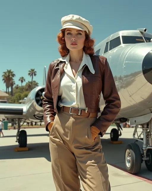 Prompt: Staged publicity photo, Stunningly beautiful (famed aviatrix Skye Weatherly), standing confidently at the Burbank Airport in front of a silver metallic Douglas DC-3. Her buxom curvy figure is showcased in a (brown leather pilot's jacket), (white silk blouse), (khaki slacks), and (tan leather boots & gloves), a striking (white beret & scarf) contrasts against her silky Auburn hair. Burbank airport on a (sunny California day), vibrant blue skies, palm trees gently swaying in the background, 8K resolution, ultra-detailed, high-quality image, capturing the essence of 1930s adventure and resilience.