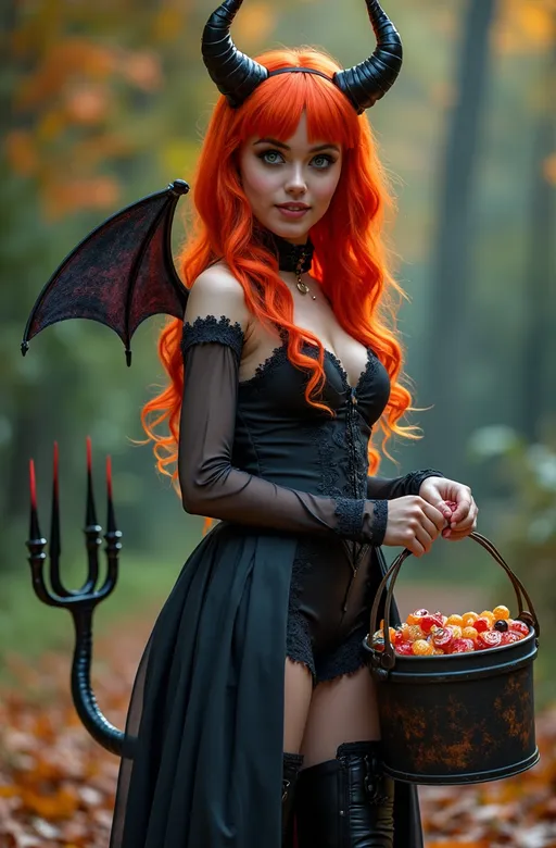 Prompt: Beautiful young woman with flame red hair and green eyes wearing a demon Halloween costume with forded tail and pitchfork, holding a bucket of candy, long leather boots, happy trick or treating vibe, high detail & quality, 8k, pro photo, pro lighting.