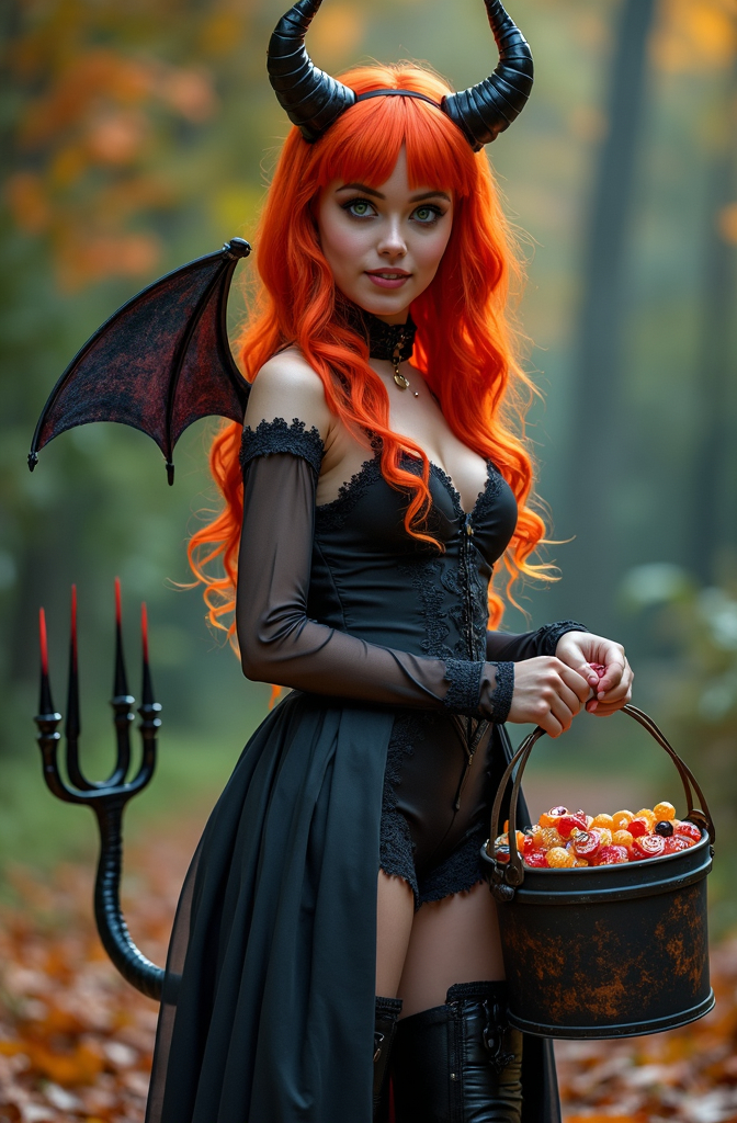 Prompt: Beautiful young woman with flame red hair and green eyes wearing a demon Halloween costume with forded tail and pitchfork, holding a bucket of candy, long leather boots, happy trick or treating vibe, high detail & quality, 8k, pro photo, pro lighting.