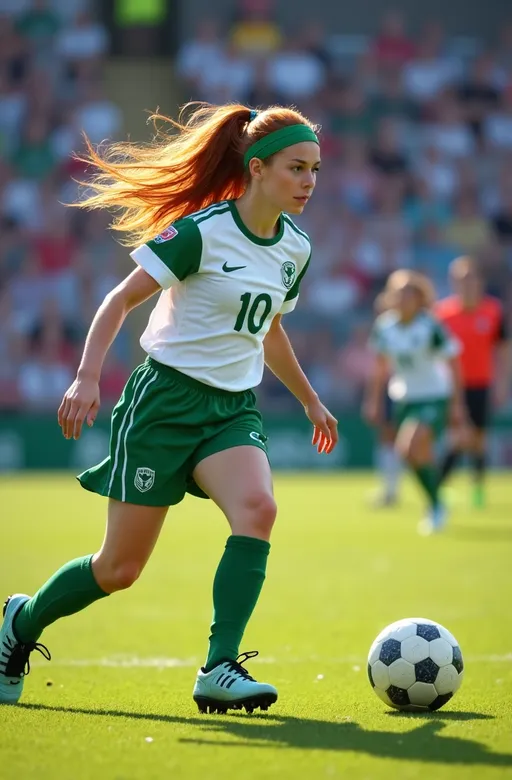 Prompt: photorealistic, (8K) sports action shot, attractive athletic girl, (fluid dynamic movement), intense focused expression, auburn hair, green eyes, wearing white & green uniform with long green socks and green soccer cleats, green headband, backdrop of a vibrant college stadium, cheering crowd, bright sunlight, high detail & quality, capturing the excitement of the soccer game, sense of motion and energy, subject is running towards a soccer ball.