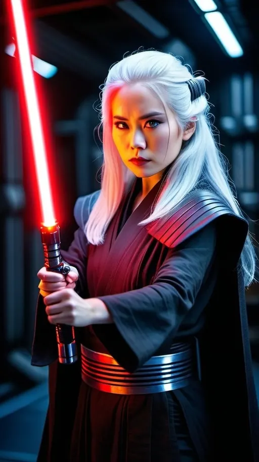 Prompt: Beautiful young Japanese actress, long chalk white hair, vivid gray eyes, black Sith Lord costume, holding glowing red lightsaber, Star Wars hangar bay set, detailed, dynamic aggressive stance, lightsaber held high & ready to strike, cinematic lighting, high-res photography, realistic, intricate details, intense gaze, sci-fi, vibrant colors, dramatic, professional lighting