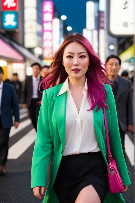 Prompt: Beautiful Eurasian woman (age 30) walking in busy Shibuyan Crossing Tokyo, nightscape, flawless oval face, vibrant green eyes, long auburn-magenta-pink tinted hair, yellow jacket, white blouse, dark gray skirt, black boots, fluid dynamic movement, high-res, pro photo, urban, vibrant colors, detailed facial features, elegant, professional lighting