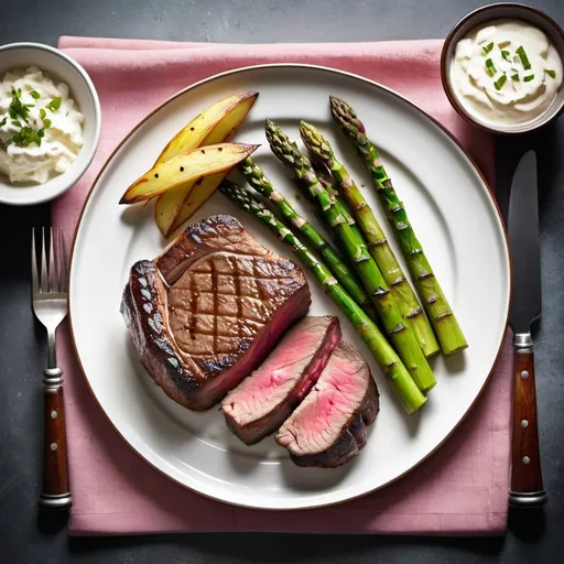 Prompt: sizzling juicy brown filet mignon sliced open down the middle to reveal a tender pink center, on a finely detailed square plate, grill marks, steaming foil-wrapped baked russet potato cut open with a pat of melting butter and dollop of sour cream, 3 stalks of rich green asparagus, ads-food photography, high-res, detailed plate, juicy steak, sizzling, grill marks, tender pink center, steaming baked potato, food photography style, detailed, professional, high quality