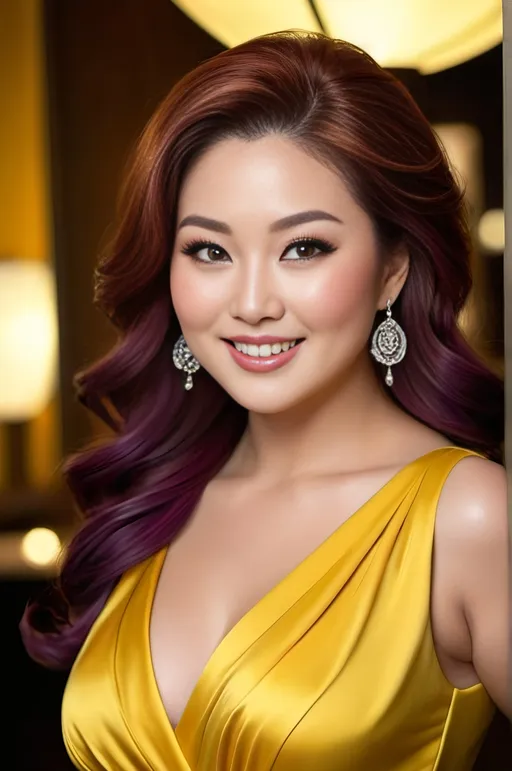 Prompt: photorealistic, (beautiful Japanese woman) (plump & curvy) with a (softly rounded moon face), sophisticated ((**yellow** v-neck cocktail dress)), elaborate jewelry featuring a (ruby pendant), thick and silky (auburn-purple hair), (vibrant gray eyes), elegant upscale lounge background, high-res, (**subtle** smiling facial expression showcasing her charm, beauty, and good humor), warm ambiance, visibility of plush furnishings and muted colors inviting a cozy atmosphere, professional lighting to capture her (dazzling **light-gray** eyes and luxuriant hair), (yellow dress).