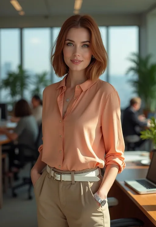 Prompt: (((curvy tall beautiful Eurasian woman))), (bob-cut) silky chestnut-auburn hair frames her gorgeous angular face, ((jade green eyes)), upturned nose, arched brows, dark eyeliner, pink lips, silver jewelry, apricot blouse, khaki skirt, white belt, brown oxfords, standing in a busy & crowded professional office, teak desk, potted palms, computers, file cabinets, floor to ceiling windows in high rise building, high detail & quality, 8k, pro photo