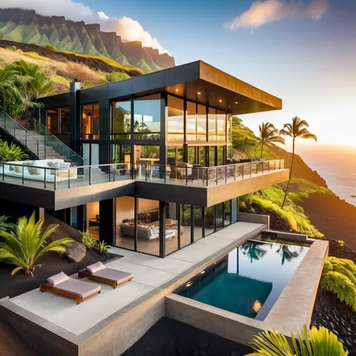 Prompt: Large ultra-modern house, concrete glass steel, huge windows, living room on main floor, bedrooms on upper floor, outdoor deck with stainless steel railing, swimming pool, lush Hawaii hillside location, palm trees, lava rock, golden hour lighting, high-res, professional photo