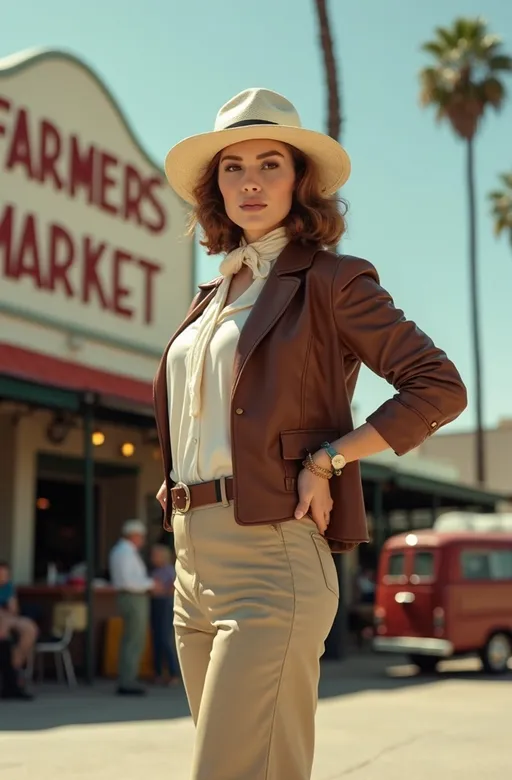 Prompt: (Magazine cover) with Stunningly beautiful (famed adventuress Grace Roemer), standing with heroic confidence in front of Los Angeles Farmer's Market. Her buxom curvy figure is showcased in a (brown leather jacket), (white silk blouse), (khaki slacks), and (tan leather boots & gloves), a (jauntily worn white Panama Hat) & white scarf contrasts against her silky Auburn hair. On a (sunny California day), vibrant blue skies, palm trees gently swaying in the background, 8K resolution, ultra-detailed, high-quality photographic image, capturing the essence of 1930s adventure and resilience.