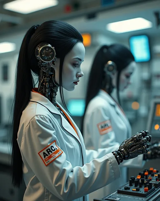 Prompt: two Exotic alien android robot women technicians with exposed alloy skeleton and electronics, long coal-black hair, (detailed laboratory), (machines), bright lights, dials, gauges, buttons, switches, white lab-coats with orange trim and "A.R.C. Labs" patches on sleeves, adjusting controls, (highly detailed), (ultra-realistic), bright and vibrant lighting, (cinematic sci-fi), (8K resolution), immersive atmosphere, pulling viewers into a futuristic world.