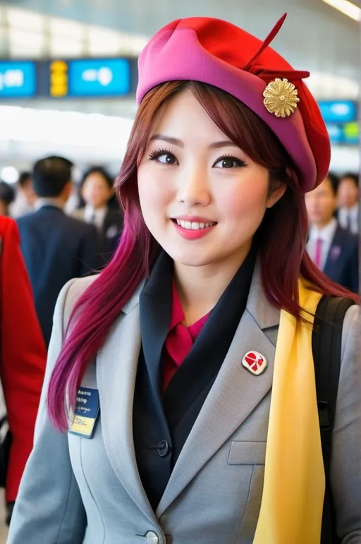 Prompt: Beautiful curvaceous plump Japanese woman, age 30, long chestnut-purple hair, vibrant gray eyes, walking in crowded Narita Airport, wearing red flight attendant uniform with pink blouse and yellow scarf, black pumps, red beret, bustling scene, fluid movement, high-res, pro photo, vibrant colors, busy airport atmosphere, detailed facial features