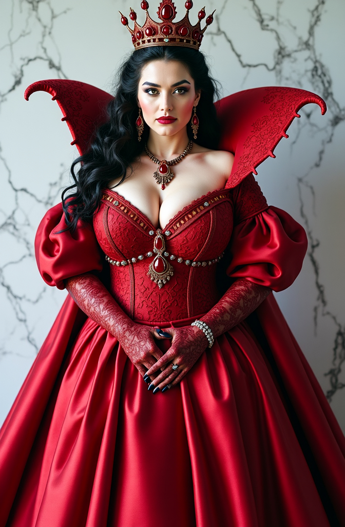 Prompt: photorealistic, 8K, (regal elegant beautiful plump Red  Queen), age 35, (pale white skin), (wavy coal black tresses), (sapphire eyes), wickedly evil sneer on her (flawless diamond face), (obsidian & ruby jewels), (cropped red lace gown), (curvy figure emphasis), blood red (silk cape) & scarlet (velvet skirt), (dragon shaped iron crown), (white marble backdrop), (bright light), (high detail & quality), darkly evil ambiance, graceful and powerful presence, luxurious atmosphere.