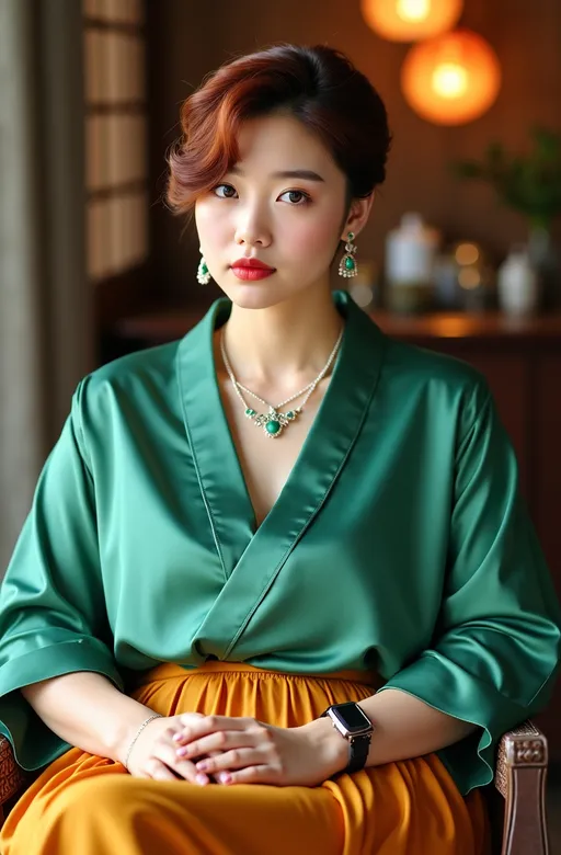 Prompt: Strikingly beautiful overweight Japanese girl, (piercing bright green eyes), (chic pixie-cut chestnut-auburn hair), (gorgeous moon-shaped oriental face), adorned with elegant jewels, dressed in a jade silk blouse and saffron skirt, showcasing her (buxom bosomy full-figure), seated for an ultra-detailed professional portrait, capturing her youthful appeal & gorgeous face, enhanced lighting creating a captivating ambiance, luxurious atmosphere, 8K resolution, high quality, meticulously well-lit to highlight her stunning features & bright green eyes.