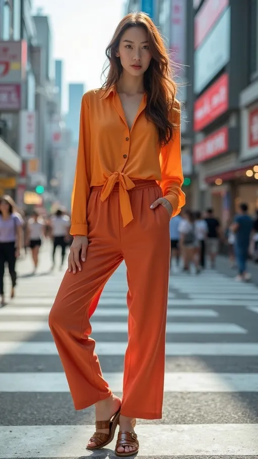 Prompt: Glamorously beautiful Japanese fashion model standing in Shibuya Crossing Tokyo, flawless face, long auburn hair, (gray eyes), curvaceous figure, wearing brightly colored silk blouse, linen slacks, leather sandals, natural light, (photorealistic), high-res, depth of field, cinematic, soft shadows, vibrant colors, chic fashion, bustling energetic atmosphere, modern Tokyo background, ultra-detailed, award-winning quality, professional photo, studio lighting.