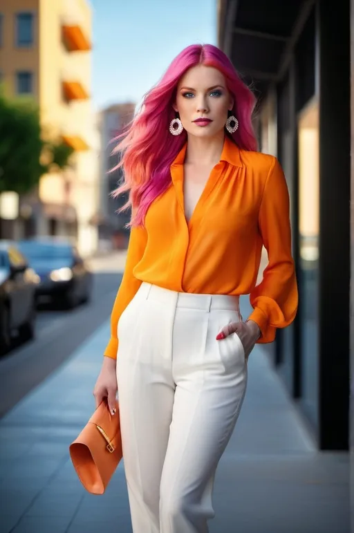 Prompt: (fashion model in yellow and orange color-block blouse), white linen slacks, white sandals, long (magenta-orange tinted hair), vibrant (blue eyes), beautiful diamond-shaped face, profile pose, high-res, professional photo, professional lighting, ultra-detailed, cool and chic atmosphere, silky-smooth textures, exquisite fabric detailing, glowing spotless skin, flawless makeup, modern cityscape background, dynamic composition, sharp focus, striking visual contrast, 4K quality.