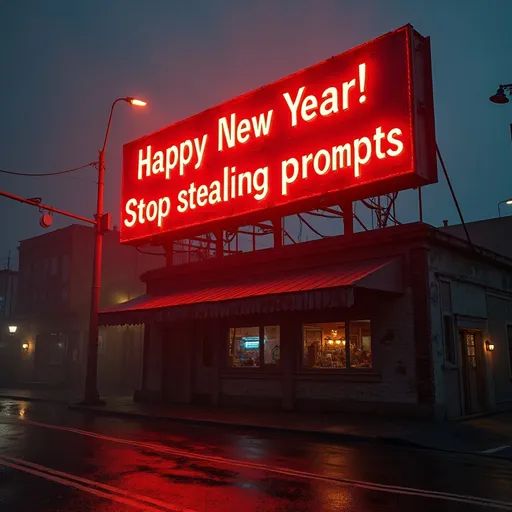 Prompt: Huge neon billboard reading "(accurately spelled text 'Happy New Year! Stop stealing prompts')" in vibrant red letters, dramatic nightscape, illuminated in a moody urban atmosphere, perched atop a gritty 1930s brick building, striking shadows and light play, rich contrast, (photorealistic), high detail, 8K resolution, ultra-detailed, pro cinematic photo image, evoking a sense of nostalgia and determination.