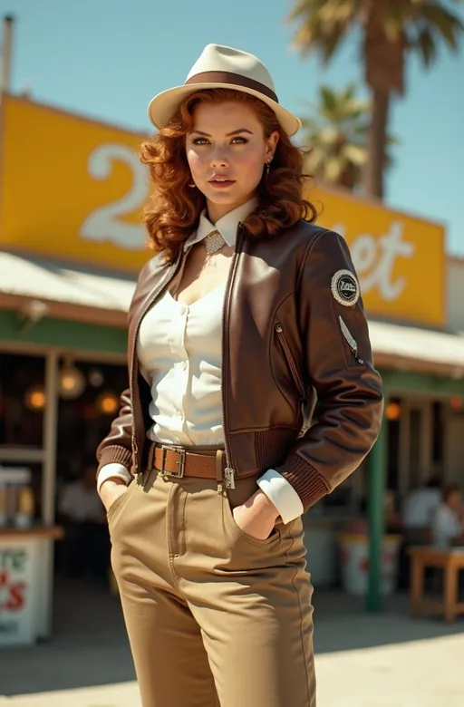 Prompt: (Magazine cover) with yellow banner and white script lettering that reads ("Sunset"), Stunningly beautiful (famed aviatrix Skye Weatherly), standing with heroic confidence in front of Los Angeles Farmer's Market. Her buxom curvy figure is showcased in a (brown leather bomber jacket) with silver wing insignia, (white silk blouse), (khaki slacks), and (tan leather boots & gloves), a (jauntily worn white beret) & white scarf contrasts against her silky Auburn hair. On a (sunny California day), vibrant blue skies, palm trees gently swaying in the background, 8K resolution, ultra-detailed, high-quality photographic image, capturing the essence of 1930s adventure and resilience.