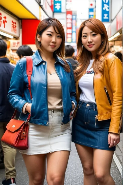 Prompt: Two curvaceous Japanese women in color bloc  leather jackets, beige tees, denim miniskirts, and sneakers, shopping in Akihabara Flea Market, Tokyo, high-res photo, bright and vibrant, street fashion, modern, detailed golden-ratio faces, long thick chestnut hair, shapely legs, bosomy, youthful, colorful outfits, urban setting, trendy, sunny day, vibrant colors, dynamic composition, detailed clothing, modern street style, high quality, sharply focused faces, energetic, bustling atmosphere, focused expression