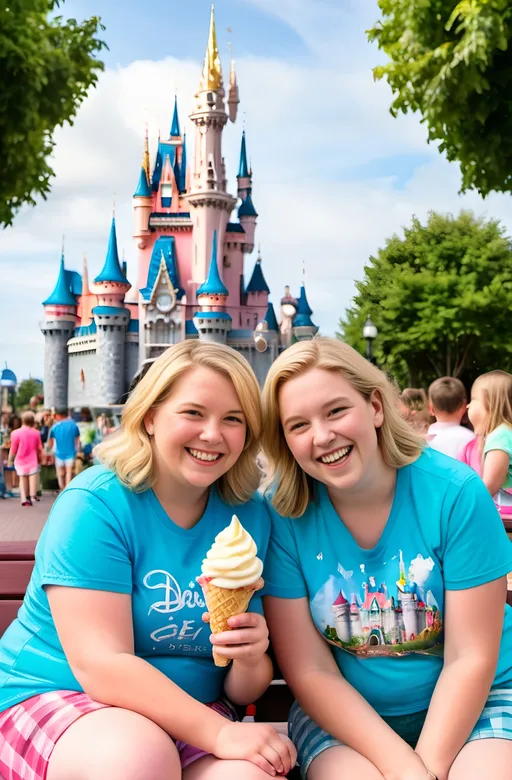 Prompt: family photo of an (overweight mother age 35) and her (14-year-old daughter) sitting on a bench, pretty faces, blond hair, natural skin tone, realistic textures, wearing (colorful tees and shorts), holding (ice cream cones), both smiling, (Disney Castle in the background), (bright sunny day), vibrant colors, cheerful ambiance, subjects in sharp focus, ultra-detailed, high-res, capturing the warmth of family love, Kodak iso 150.