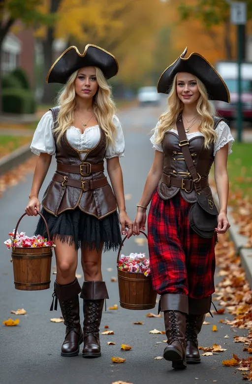 Prompt: two beautiful blonde college girls in elaborate  pirate costumes, (curvy physique), dressed for Halloween, carrying wooden buckets filled with candy, suburban street, trick or treat vibe, high detail & quality, 8k, pro photo, pro lighting.