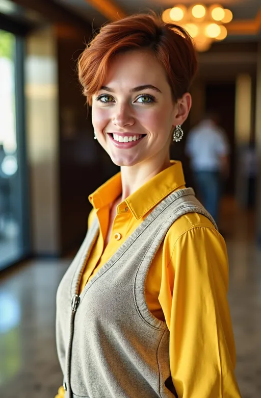 Prompt: Stunningly beautiful young woman with piercing green eyes, pixie cut cinnamon hair, smoky makeup, smile, silver jewels, chic lemon crepe blouse, tweed sweater vest, khaki skirt, standing profile in a luxe lobby, well lit, high detail & quality, 8k, pro photo.