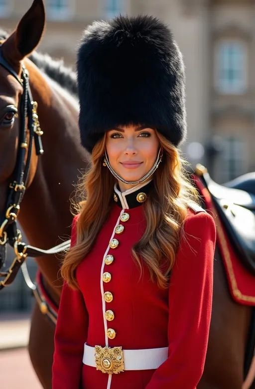 Prompt: (Photorealistic) Gorgeous Palace Guard woman, (traditional beefeater costume), (bearskin hat), standing proudly beside a huge horse, ornately saddled with elegant leather tack, silky cinnamon-auburn hair flowing in the breeze, bright sunny day ambiance, iconic Buckingham Palace gate in the background, rich color contrast with vibrant tones, ultra-detailed, 8K, high-quality professional photograph, capturing the grandeur and regality of the scene.
