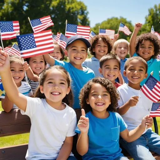 Prompt: Group of white hispanic asian and black children waving US flags, 4th of July event, sunny day, casual clothing, high-res, pro photo, happy smiles, park bench, American flags, outdoor setting, vibrant colors, clear blue sky, joyful atmosphere