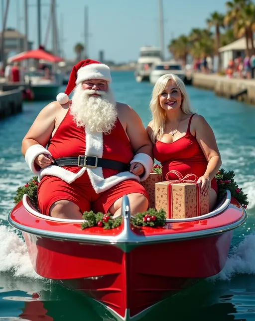 Prompt: Postcard Photo of obese Santa Claus in red swim trunks sitting next to a beautiful platinum haired Mrs. Santa Claus in a red swimsuit sitting in a big red speedboat overflowing with wrapped Christmas presents, boat is decorated with garlands ornaments and colored lights, Santa is driving the boat in a sunny California marina,  emphasize subject's jolly fat obese physique, feature natural folds and bulges of flab, showcasing a whimsical humorous postcard scene, essence of Christmas holiday spirit, capturing the humor of the composition and setting, high detail & quality, 8k, pro photo