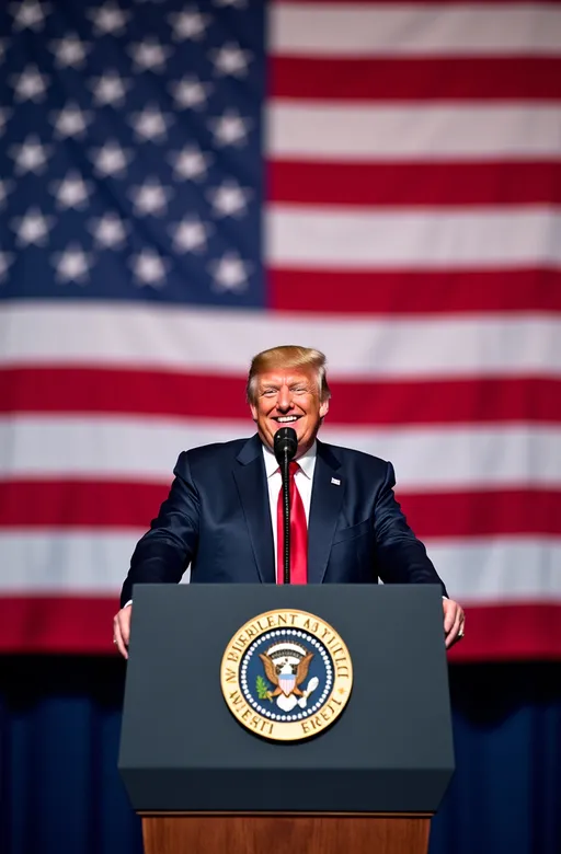 Prompt: (smiling Donald Trump), standing in front of a (huge American flag), positioned at a podium displaying the (Presidential Seal), vibrant (stage lighting), capturing a dynamic and optimistic atmosphere, ultra-detailed features, vivid colors, emphasis on patriotic elements, (high quality) 8K, (photorealistic) professional photography, dramatic yet respectful ambiance.