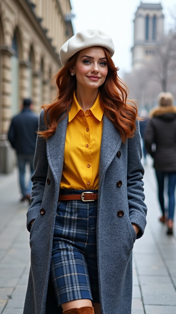 Prompt: (Stunning olive-skin French woman), walking on a (crisp winter day) in (Paris), with (Notre Dame) in the background, showcasing her elegant charm and beauty, warm friendly smile, (silky auburn-cinnamon hair), wearing a chic (white beret), fashionable outfit with a (blue & yellow tweed coat), bright (yellow blouse), stylish (blue plaid skirt), and (brown suede boots), featuring curvy figure, captured in (photorealistic 8k), emphasizing (high detail & quality). The ambiance is (charming) and (elegant).