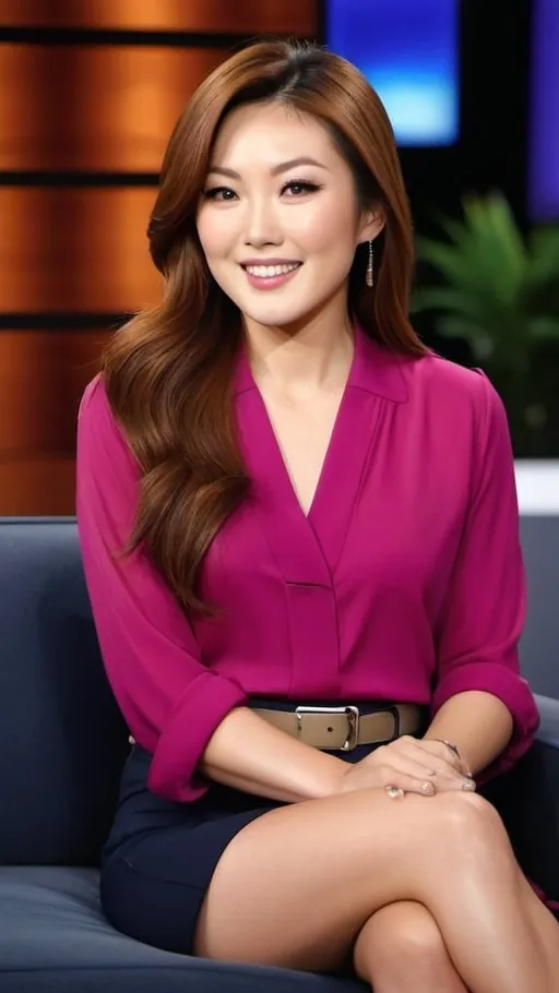 Prompt: Beautiful Japanese woman with round face, prominent cheekbones and dimples, vibrant gray eyes, long windblown auburn-magenta tinted hair, yellow blouse, khaki city shorts, white belt & pumps, sitting on a navy sofa hosting a TV show, stage light, high-res, pro photo, vibrant, detailed eyes, soft and professional lighting, elegant, sleek design, professional attire