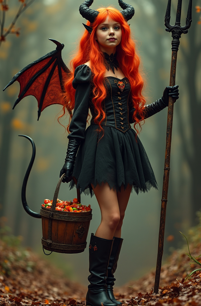 Prompt: Beautiful young woman with flame red hair and green eyes wearing a demon Halloween costume with forded tail and pitchfork, holding a bucket of candy, long leather boots, happy trick or treating vibe, high detail & quality, 8k, pro photo, pro lighting.