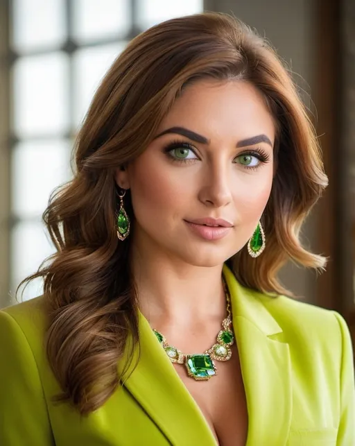 Prompt: Professional head to waist profile of a beautiful olive-skin woman, age 25, curvaceous physique, intricate square face, long auburn hair, vibrant green eyes, arched eyebrows, button nose, light makeup, crystal jewels, lime blazer, canary blouse, khaki skirt, high-res photo, detailed, realistic, professional, head to waist, vibrant colors, intricate details, high quality, indoor photo, warm light, shoulders turned away from camera, dynamic pose