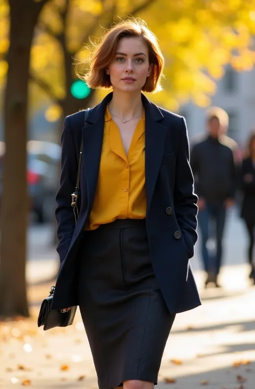 Prompt: (tall beautiful young woman), (short chic shag cut chestnut hair), jade green eyes, flawless round face, curvy figure, navy wool tweed blazer, pencil skirt, lemon blouse, black leather fashion boots, walking in Trafalgar Square, sunny fall day, crisp autumn leaves, warm sunlight illuminating her features, vibrant atmosphere, (high detail), (8k), (professionally photographed), cinematic depth and clarity.