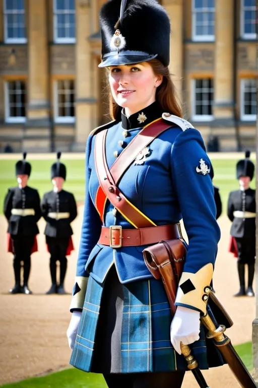 Prompt: Beautiful female Windsor Palace guard in blue tartan uniform, bearskin hat, ceremonial saber, black leather cavalry boots, thick chestnut hair, vibrant blue eyes, square face, high-res, photo, warm daylight, detailed uniform, professional, ceremonial, warm lighting, traditional, historic, detailed eyes, elegant