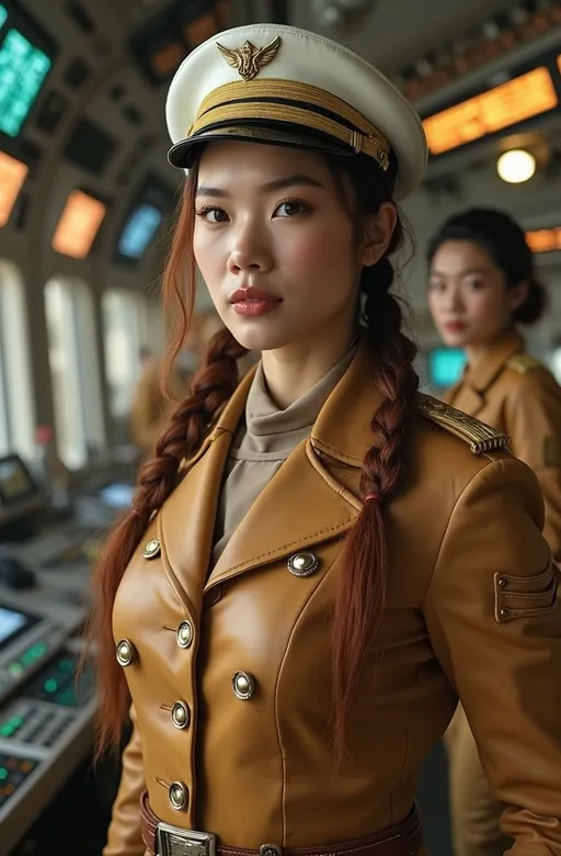 Prompt: photorealistic (beautiful) woman in a (Dune style detailed ceremonial high-ranking military uniform), (tan leather coat with double row of brass buttons), (ringed planet insignia), (metal cuffs & detail), peaked white cap with winged insignia pin, (gorgeous oriental face) showcasing (detailed features) with (braided cinnamon hair), in a (confident pose),  commanding presence with a (radiant charm), surrounded by (lighted displays and monitors), set against a (sci-fi starship bridge) crowded with (uniformed personnel), dirty gritty well worn equipment, ultra-detailed, high-quality, 8k, cinematic photo.