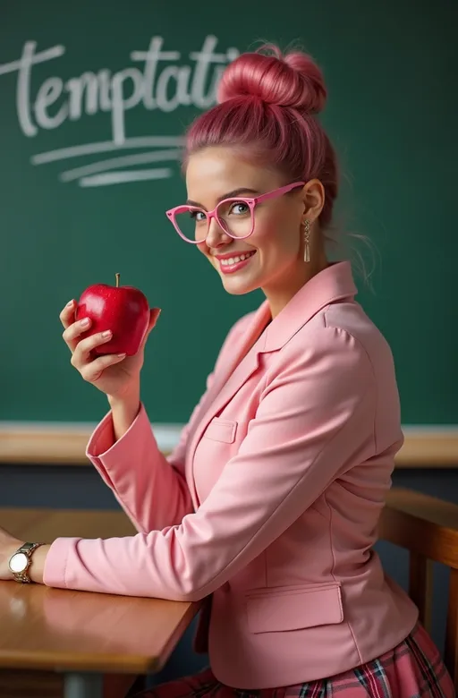 Prompt: Beautiful buxom school teacher, (gorgeous face), (green eyes), (silky pink updo hair), (pink metal rimmed glasses), (pink jacket), (pink silk blouse), (pink wool plaid skirt), (heels), emphasize her bosomy physique, flirtatiously sitting profile on her wooden desk holding a perfect red apple, (chalkboard backdrop), the word "temptation" written on the chalkboard, (well-lit scene), (cheerful ambiance), (high detail), (8K resolution), (photorealistic), crisp focus, vibrant colors, engaging expression, inviting atmosphere, elegant and professional setting.