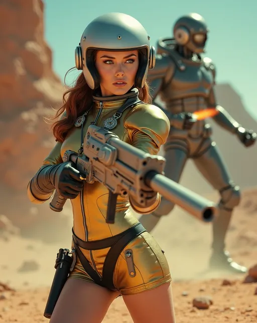 Prompt: (Beautiful retro futuristic sci-fi astronaut woman), wearing a (metallic gold space suit with miniskirt) black leather belt and boots and a (silver helmet with open visor), holding a Buck Rogers style ray-gun, features a fierce expression on her (gorgeous golden-ratio face), striking (green eyes), (chestnut hair), standing on a colorful alien planet, shooting her ray-gun at a massive alien robot creature, (well lit) with (high detail) portrayal, capturing a moment of combat in a cheesy low-budget movie atmosphere, emphasizing her curvaceous bosomy physique, (8K resolution) and a (cinematic atmosphere) for an extraordinary visual experience.