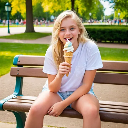 Prompt: Pretty adolescent girl, blonde, blue eyes, white tee, white denim shorts, white sneakers, happy, eating an ice cream cone, sitting on a park bench, summer day, high-res, photo, youthful, sunny