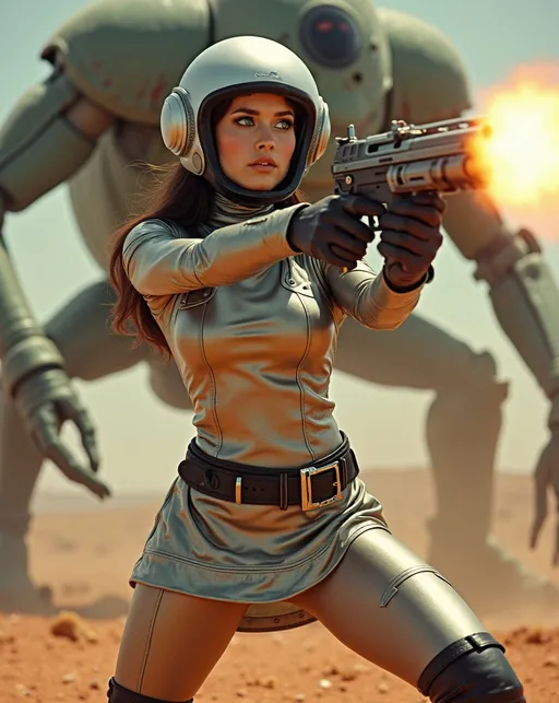 Prompt: (Beautiful retro futuristic sci-fi astronaut woman), wearing a (metallic silver space suit with skirt) black leather belt and boots and a (silver helmet with open visor), holding a Buck Rogers style ray-gun, features a fierce expression on her (gorgeous golden-ratio face), striking (green eyes), (chestnut hair), standing on a colorful alien planet, shooting her ray-gun at a massive alien robot creature, (well lit) with (high detail) portrayal, capturing a moment of combat in a cheesy low-budget movie atmosphere, emphasizing her curvaceous bosomy physique, (8K resolution) and a (cinematic atmosphere) for an extraordinary visual experience.