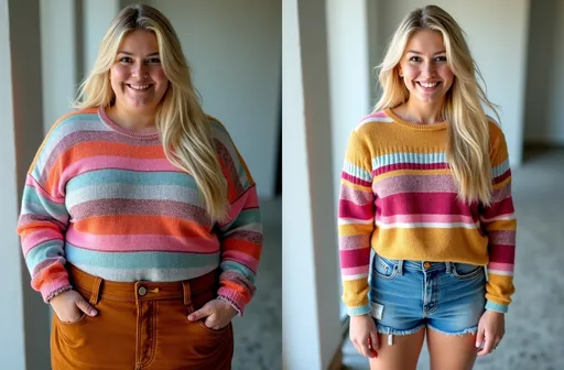 Prompt: (8K photorealistic) side-by-side comparison, left: (beautiful silver-blonde haired young fashion model) overweight, chubby round face, happy smile, wearing a (snug colorful sweater & suede miniskirt), bright lighting highlighting her features, right: (same woman) with ((identical hair clothing & pose)) now slender, fit, healthy after significant weight loss, capturing extreme difference in body weight, vibrant and well-lit environment, ultra-detailed, HD quality, captivating visual contrast showcasing transformation, "Before" text in left panel and "After" text in right panel.