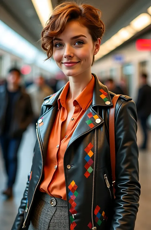 Prompt: photorealistic, 8K resolution, (stunning) tall model, (joyful) expression, flawless face, chestnut pixie hair, striking green eyes, colorful geometric pattern leather jacket, apricot blouse, herringbone pattern pencil skirt, stylish boots, leather shoulder bag, bustling London Metro station, (highly detailed), dynamic lighting, (vibrant atmosphere), (urban freshness), professional photography quality.