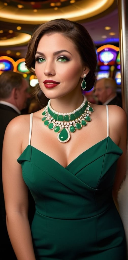 Prompt: Elegant woman, age 30, olive skin, chestnut hair, green eyes, almond eyes, beautiful angular face, curvaceous figure, sophisticated white & navy slimline dress, elaborate jade choker necklace, standing at the rail of a high end casino, formal dressed crowd, bustling scene, high-res, pro lighting, pro photography