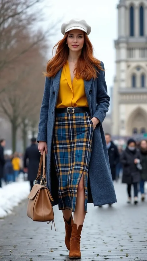 Prompt: (Stunning olive-skin French woman), walking on a (crisp winter day) in (Paris), with (Notre Dame) in the background, (silky auburn-cinnamon hair), wearing a chic (white beret), fashionable outfit with a (blue & yellow tweed coat), bright (yellow blouse), stylish (blue plaid skirt), and (brown suede boots), captured in (photorealistic 8k), emphasizing (high detail & quality). The ambiance is (charming) and (elegant).