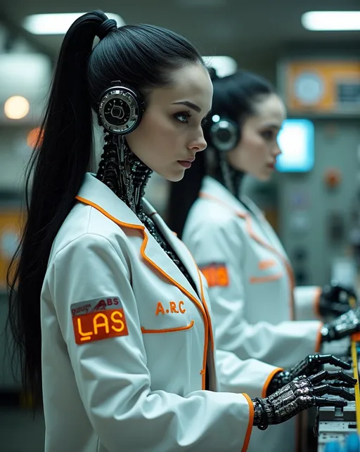 Prompt: two Exotic alien android robot women technicians with exposed alloy skeleton and electronics, long coal-black hair, (detailed laboratory), (machines), bright lights, dials, gauges, buttons, switches, white lab-coats with orange trim and "A.R.C. Labs" patches on sleeves, adjusting controls, (highly detailed), (ultra-realistic), bright and vibrant lighting, (cinematic sci-fi), (8K resolution), immersive atmosphere, pulling viewers into a futuristic world.