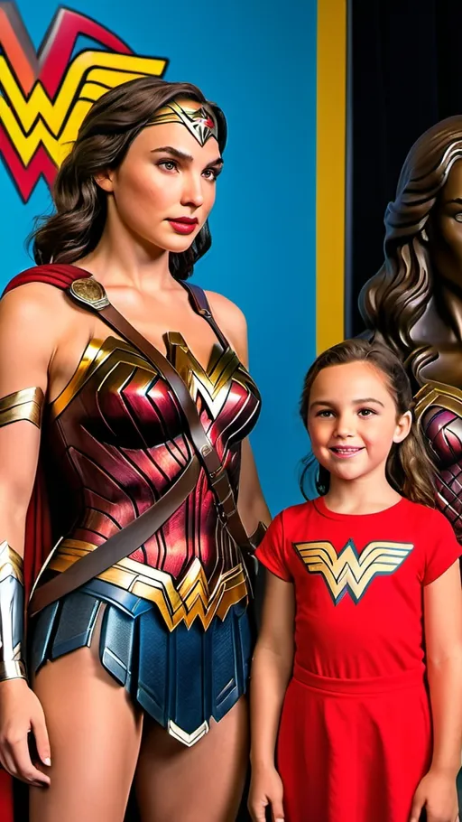 Prompt: Little girl in casual clothing standing next to a life-size realistic statue of Gal Gadot as Wonder Woman in a wax museum, vibrant colors, realistic skin texture, high-res, professional photo, lifelike appearance, natural expression, detailed features, vibrant tones, realistic lighting, ultra-detailed, professional photography, realistic statue, cinematic colors
