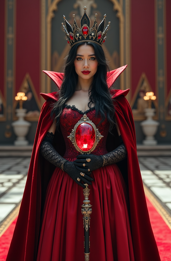 Prompt: Cinematic photo of Beautiful Red Queen, elegant (red silk gown) with high collar, black lace bodice, and (red velvet cape), intricate (black iron and ruby crown), stunning (pale skin), (jet black hair), striking (blue eyes), intense gaze and cunning smile, standing proudly, showcasing her curvy buxom figure, in a grand red and white (marble throne room) adorned with (maroon banners) and (tapestries), holding an ornate silver and black scepter with a huge glowing ruby gemstone (pulsing with magic energy), high detail & quality, (8k resolution), beautifully illuminated, highlighting her flawless diamond shaped face and piercing eyes, capturing her confidence grace and power, dramatic atmosphere, regal ambiance.