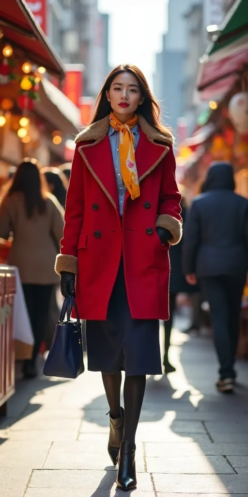 Prompt: A beautiful Japanese woman, elegant red wool coat with faux fur trim, light blue blouse, navy blue skirt, black leather boots, vibrant yellow & orange silk scarf, navy shoulder bag, walking through a bustling Ginza Market in Tokyo, surrounded by colorful market stalls and busy shoppers, bright sunlight casting warm tones, capturing the lively atmosphere of the marketplace, high detail & quality, 8K, professional photography.