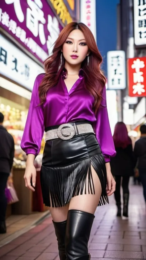 Prompt: Beautiful Japanese woman, long auburn & purple hair, gray eyes, intricate diamond face, upturned nose, purple makeup, Magenta satin blouse, black leather skirt with fringe detail, white belt, black boots, standing in a crowded shopping street, neon signs, warm light, high-res, pro photo, detailed features, warm lighting