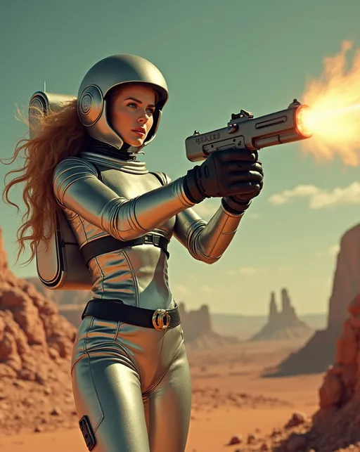 Prompt: (Beautiful retro futuristic sci-fi astronaut woman), wearing a (metallic silver space suit) with black leather belt and boots and a (silver helmet with open visor), holding a Buck Rogers style ray-gun, features a (gorgeous golden-ratio face), striking (green eyes), (chestnut hair), standing on a colorful alien planet, shooting her ray-gun at a massive alien dragon creature, (well lit) with (high detail) portrayal, emphasizing an (8K resolution) and a (cinematic atmosphere) for an extraordinary visual experience.